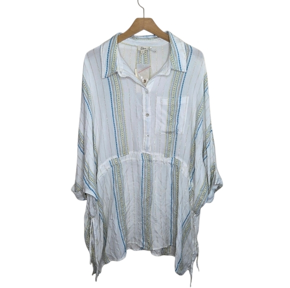 NWT Elan | White Teal Metallic Stripe Dolman Drawstring Side Cinch Dress Medium - Picture 1 of 8